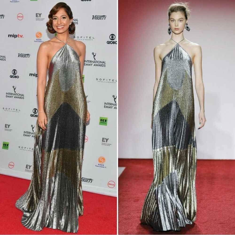 BCBGMAXAZRIA Metallic Silver Gold Colorblocked Pleated Gown XS NWT - Picture 7 of 16